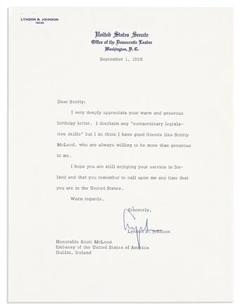 JOHNSON, LYNDON B. Archive of 7 Typed Letters Signed, Lyndon or Lyndon B. Johnson, as Senator or Vice President, to U.S. Ambassador